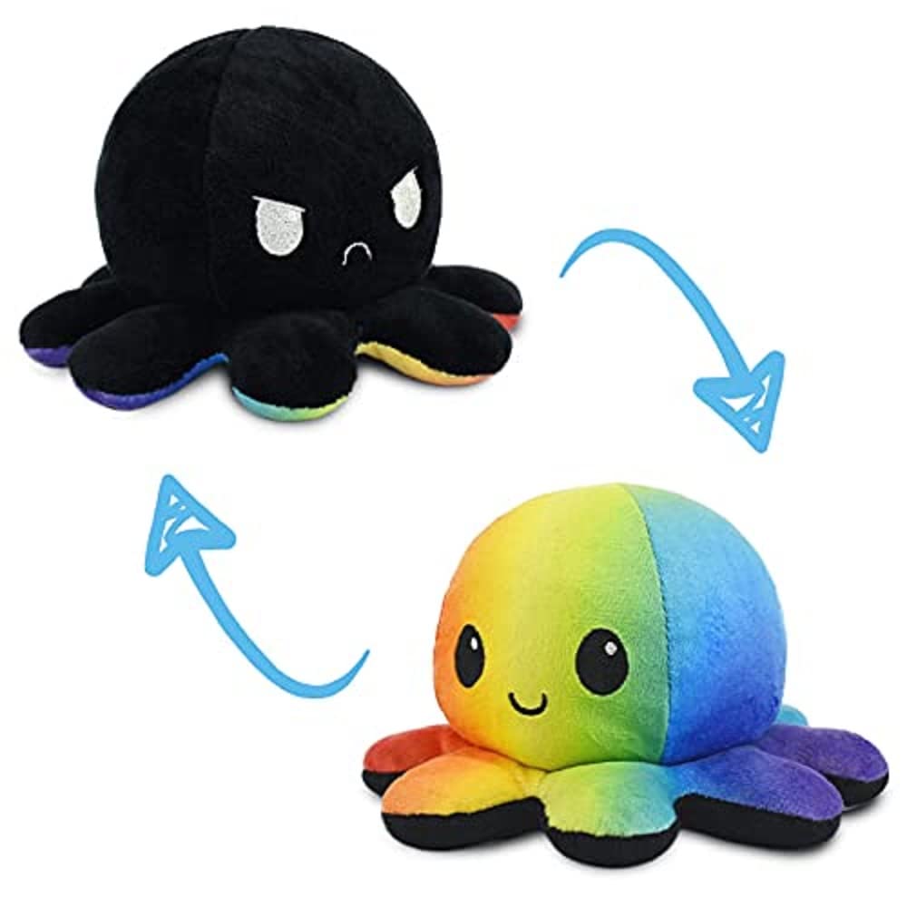 TeeTurtle | The Original Reversible Octopus Plushie | Patented Design | Black and Rainbow | Show Your Mood Without Saying a Word!