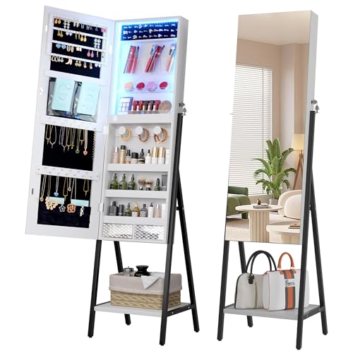 LVSOMT 3 LEDs Mirror Jewelry Cabinet, 42.5" Jewelry Mirror with Full Lenght Mirror, Standing Jewelry Mirror Armoire, Mirror with Storage for Jewelry Cosmetics, White - White