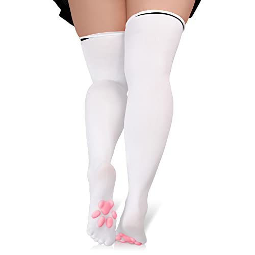 Littleforbig Plus Size Thigh High Cosplay 3D Paw Pad Silicone Kitten Over The Knee Silk Stockings - Large - White-pink