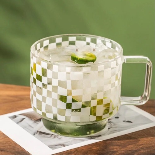 Black and White Checkerboard Glass Coffee Cup Tea Mug - A