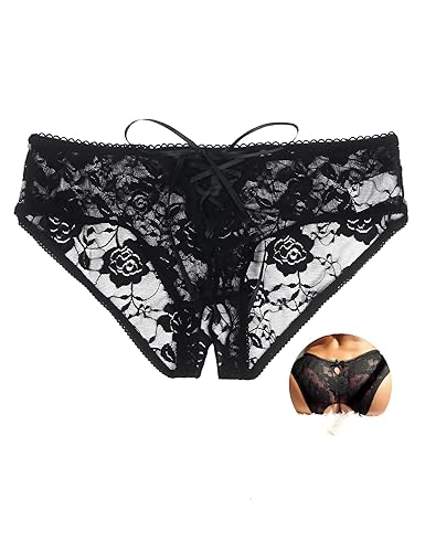 ohmydear Lace Thongs for Women Sexy Underwear Sheer Knickers Adjustable Criss Cross G-Strings Plus Size Ladies Thongs Keyhole Panties Bikini Briefs, UK 8-22 - 12-14 - Black