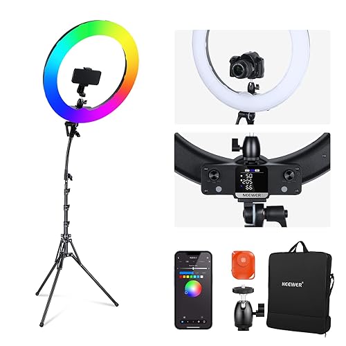 NEEWER 18 Inch RGB LED Ring Light APP Control with Stand and Phone Holder, 42W Dimmable 2500K-10000K GM±50 Bi Color CRI97+/TLCI98+ 360° Full Color 18 Scene for Selfie Makeup TikTok Vlog, RGB18 II - RGB18 II