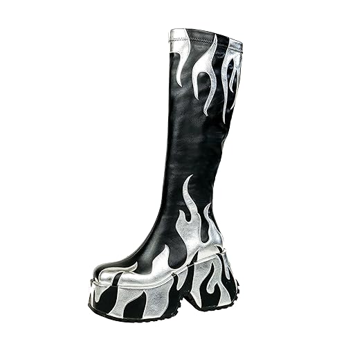 HiColor women’s side zipper high heeled Flames Printing Chunky sole boots Short boots round toe boots - 8 - Black