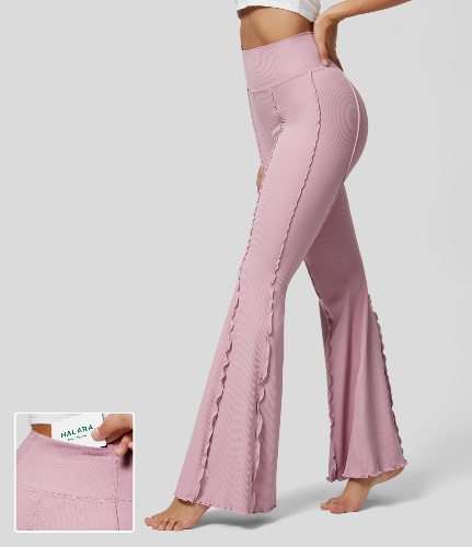 Ribbed High Waisted Lettuce Trim Back Pocket Flare Dance Leggings