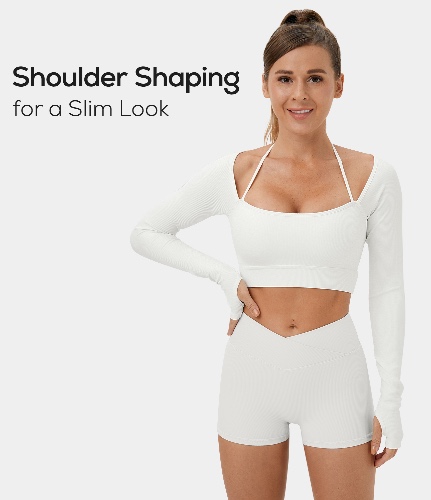 Ribbed Halter Strap Thumb Hole Cropped Yoga Sports Top
