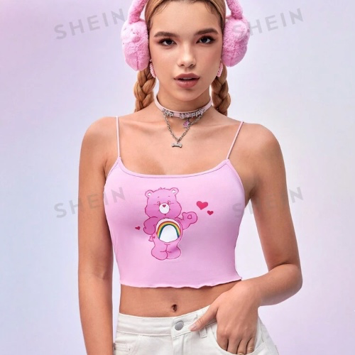 SHEIN X Care Bears Women Cute Care Bear & Heart Print Crop Cami Top Pink And Blue Women Tank Tops  Two Piece Sets,Fall