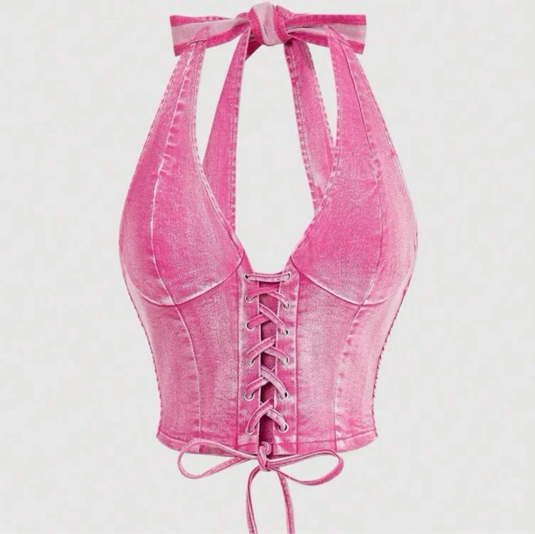 Lace Up Front Halter Neck Denim Summer Eyelet Decorative Straps Top,Summer For Women,Summer Tops,Cowgirl For Women,Concert Women,Rave,Rave Festival,Cute Summer Tops,Streetwear For Women,Rodeo For Women,Rave Top,Pink Tops For Women,Pink Tops,Pink Top