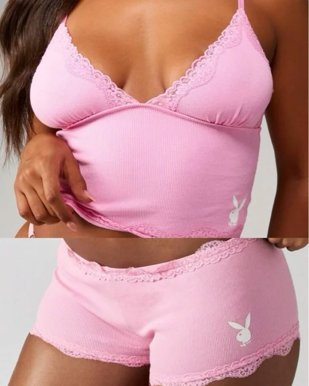 Missguided x Playboy Ribbed Cami Bralette With Delicate Lace Trim Valentine Day Lingerie Tank Top Cropped Camisole V Neck Sleeveless Stretch Loungewear Pink Bralette Underwear