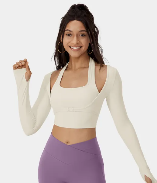 Cloudful™ Halter Thumb Hole Long Sleeve Cropped 2-in-1 Sports Top