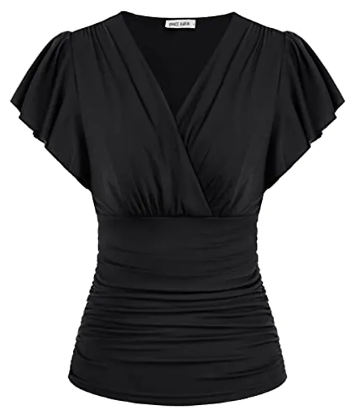 GRACE KARIN 2024 Womens Tops Summer Wrap Blouse V Neck Ruffle Sleeve Dressy Casual Top Ruched T-Shirts