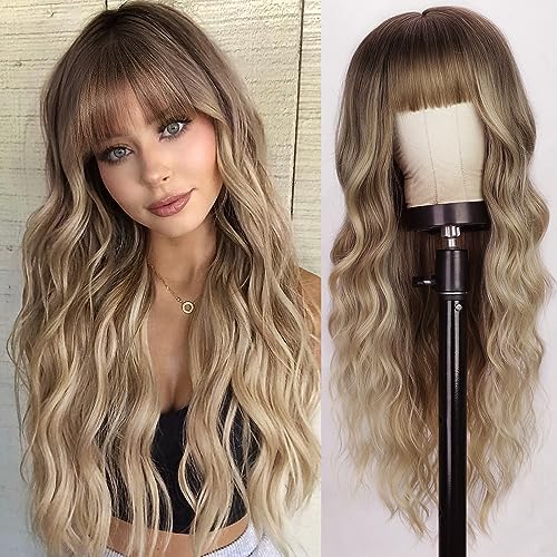 Lativ Blonde Wig With Bangs Long Wavy Curly Ombre Wig with Dark Root Synthetic Heat Resistant Wigs for Women Daily Party Use 26 Inches - Blonde
