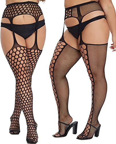 MANZI Plus Size Thigh High Stockings Womens Fishnet Tights - 2pcs-black-06 - One Size Plus