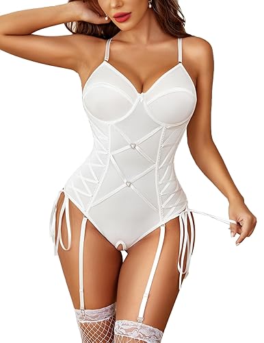 Avidlove Lingerie for Women Sexy Corset Garter Lingerie Set Tummy Control Teddy Bodysuit Boudoir Outfit - White - XX-Large
