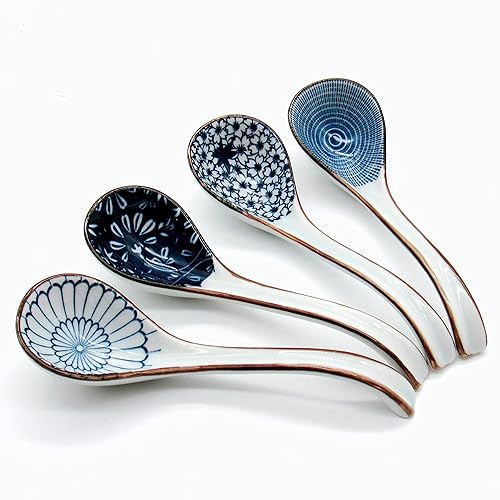JOBNTZ Asian Soup Spoon,Ceramic Ramen Spoons Japanese Style for Pho, Miso soup, Dumpling, Noodles, Chinese Wonton Dishwasher safe - Set of 4 - Blue - C521