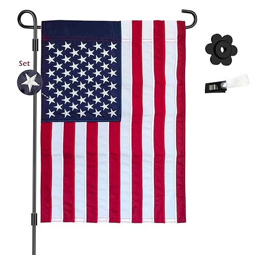 American Garden Flag 12x18 Inches with Stand Holder, Embroidered American USA Garden Flags Metal Yard Flag Holder Pole for Outside Made In USA - 1PC Garden Flag and Stand