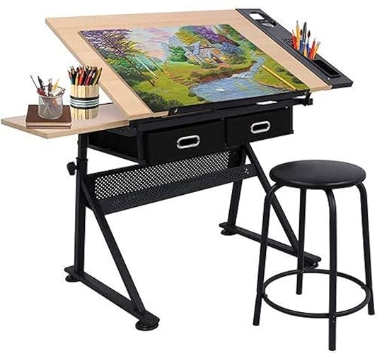 BBBuy Drafting Table Drawing Desk Art&Craft Work Station Height Adjustable Tilting Tabletop Craft Table Desk w/Stool and 2 Storage Drawers for Home Office Study Room, Natural - Natural