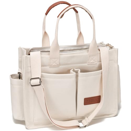 ZHMO Large Canvas Tote Bag for Women With Pockets,Laptop Crossbody Purses Everything Everyday Bag Handbags for Work Beach Gym - New Upgrade Plus Beige