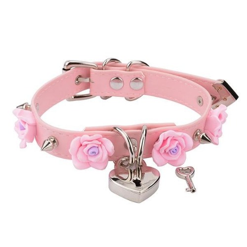 Rose Locket Collar - Pink & Silver