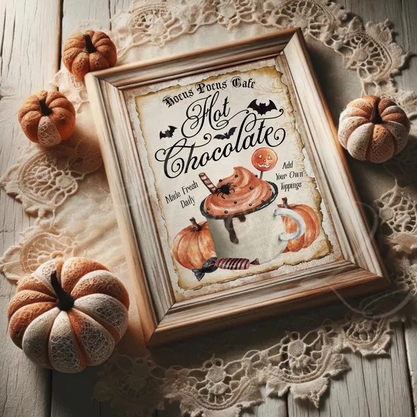 Halloween Hot Chocolate Sign - Halloween Sign - Pumpkin Hot Chocolate - Pumpkin Wall Art - Vintage Halloween Decor - Pumpkin Poster
