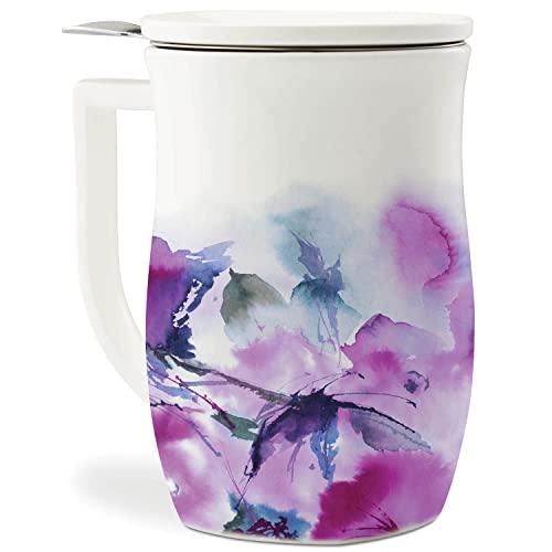 Tea Forte Fiore Ceramic Tea Mug with Infuser and Lid, Verbena Blossom, 14 oz. Ceramic Cup with Handle for Steeping Loose Leaf Teas, Dishwasher & Microwave Safe - Verbena Blossom
