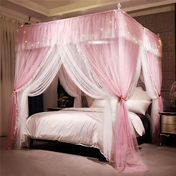 VETHIN 4 Corners Post Ruffle Princess Bed Canopy Curtain-Double Layer Cozy Drape Netting 4 Opening Mosquito Net for Girls Adults Bedroom Decoration (Pink/Whtie, 53" W*78" L*82"*H/(Full))