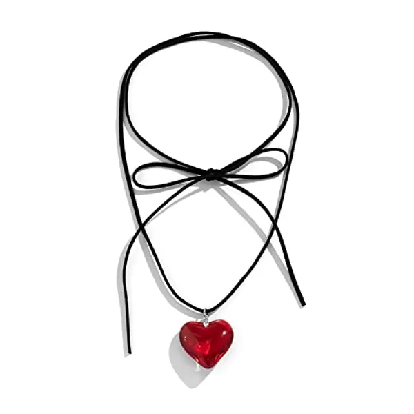 Mullike Chunky Puffy Heart Choker Necklace for Women Big Glass Heart Pendant Necklace With Elegant Braided Bow Adjustable Goth Black Velvet Chain Y2K Trendy Jewelry Gifts for Teen Girls