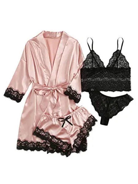 SOLY HUX Women's Satin Pajama Set 4pcs Floral Lace Trim Cami Lingerie Sleepwear with Robe