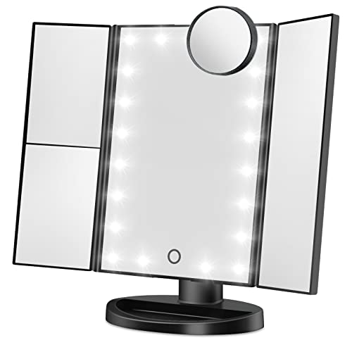 HAMSWAN Makeup Mirror Vanity Mirror with Lights, 1X 2X 3X 10X Magnifying, Lighted Makeup Mirror, Touch Control, Dual Power Supply, Portable LED Makeup Mirror, Women Gift (Black+10X) - Black
