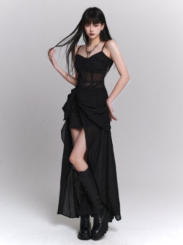 Waist see-through rolled skirt style camisole dress LAD0049 | black / S