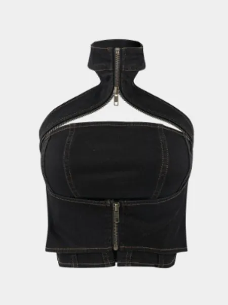 Black Zipper Hollow Halter Tank Top