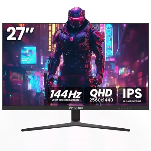 CRUA 27 Inch Gaming Monitor, QHD 1440P 144Hz IPS Computer Monitor, 99% sRGB, AMD Freesync, HDMI 2.0 & Displayport 1.2, Low Blue Light, Support Wall Mountable Installs/Tilt Adjustable-Black - 27Inch - QHD 144HZ