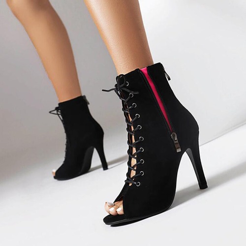 AJ Women's Heel Rubber Sole Leatherette Jazz Shoes Open Toe Dance Heels Boots | US 7-7.5/UK 5/EU 38-38.5/CN 38 / Black / 3.7inch/9.5cm