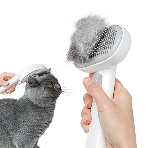 aumuca Cat Brush with Release Button, Cat Brushes for Indoor Cats Shedding, Cat Brush for Long or Short Haired Cats, Cat Grooming Brush Cat Comb for Kitten Rabbit Massage Removes Loose Fur - White