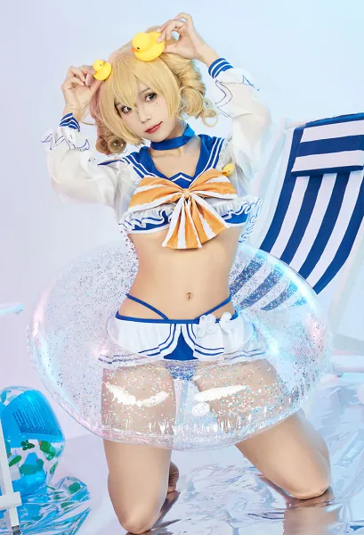 Barbara Derivative Bikini Set Top and Ruffle Bottom Swimsuit Kawaii Two-Piece Bathing Suit Swimwear with Sailor Collar Long Sleeve Cover-up and Bow Clip