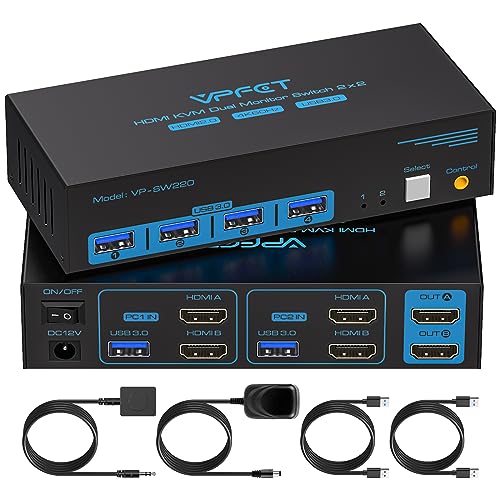 HDMI KVM Switch Dual Monitor 2 Port 4K@60Hz 2 Monitors 2 Computers USB 3.0 KVM Switcher PC Extended Display for 4 USB Devices Like Mouse Keyboard Printer Gamepad Desktop Controller and 2 USB Cables