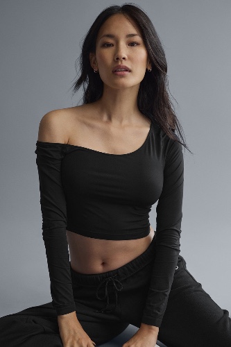 Asymmetric Sheer Glow Long Sleeve - Black | Black / XS