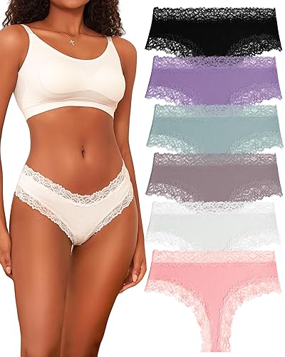 FINETOO Womens Cotton Underwear Sexy Lace Hipster Panties Soft Breathable Cotton Brazilian Bikini Ladies 6 Pack - Black/White/Pink/Kahaki/Purple/Green - Small