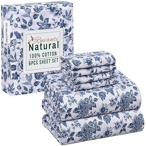 RUVANTI 6 Pcs Cotton Sheets - 100% Natural Cotton Soft, Lightweight & Breathable Crispy Percale Bed Sheets, King Size Sheets Set 16" Deep Pockets, Wild Flower - Wild Flower - King