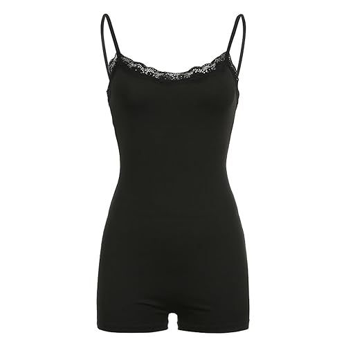 ChyJoey Women's Summer Jumpsuit, Black Lace Cami Bodysuit One Piece Bodycon Shorts Simple Unitard Jumpsuits - Small - Black