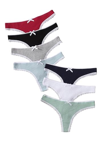GORGLITTER Women's 7 Pack G String Thongs Low Rise G-String Thongs Coquette Underwear Panties - Small - Red Black Grey Blue Navy Beige Green