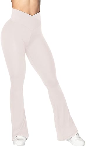 Sunzel Flare Leggings, Crossover Yoga Pants with Tummy Control, High-Waisted and Wide Leg - 30in Inseam - X-Small - Beige