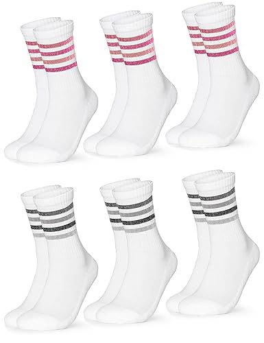 Occulto Damen Retro Tennissocken 6er Pack (Modell: Steffi) - 35-38 - Pink Grau Glitzer