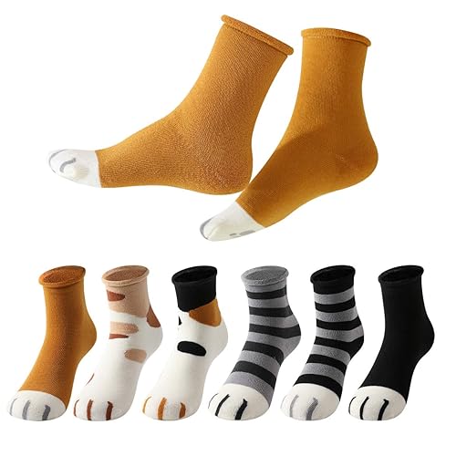 MOCOCITO 6 Paar Socken Damen aus Baumwolle/Coral-Fleece Katzensocken，Pfotensocken Karikatur Tier Socken Damen Witzige Weihnachtssocken Sneakersocken Größe 35-42 - Katzenkrallenmuster [Baumwolle]