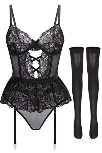 ADSEXY Sexy Dessous Damen Unerwäsche Bodysuit Körperformende Spitze rückenfrei Reizwäsche Body Damen Sexy Spitzef ür Frauen Lingerie Negligee Teddy Babydoll mit Strümpfen - Schwarz - M