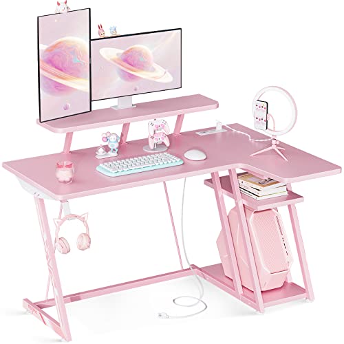 MOTPK Small Corner Desk with Storage Shelf & Power Outlets, Computer Desk with Monitor Shelf, L Shaped with Carbon Fiber Surface, Gamer / Gaming Table, Pink, 47 Inch - 47 Inch - Piggy Pink