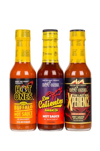 Hot Ones Season 22 Trio Variety Pack Lineup, Mild To Fiery Hot Sauce Made With Natural Ingredients, Spicy Condiment Variety Pack: Buffalo, Los Calientes Barbacoa & The Last Dab: Xperience, Perfect For Superfans & Mini Wing Challenge, 5 fl oz Bottles (3-Pack) - Season 22 Trio Pack