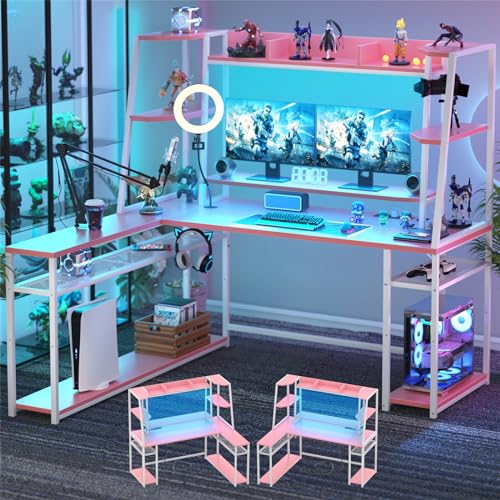 armocity 63'' Large L Shaped Gaming Desk with LED Lights & Power Strips, Reversible Gaming Table Desk with Hutch, L-Shaped PC Gaming Desk with Storage, L Gamer Desk with Monitor Stand & Hook, Pink - 63'' - Pink