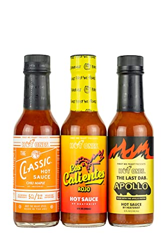 Hot Ones Season 21 Trio Variety Pack Lineup, Mild To Wild Hot Sauce Made With Natural Ingredients, Spicy Condiment Variety Pack: The Classic-Chili Maple, Los Calientes Rojo & The Last Dab: Apollo, Perfect For Superfans & Mini Wing Challenge, 5 fl oz Bottles (3-Pack) - Season 21 Trio Pack
