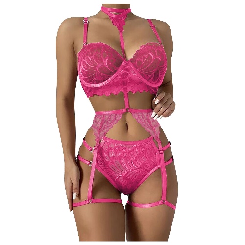 QINGXIA_ZI Femmes Satin Lingerie Ensemble Mini Courte Sexy Mode Mini Short Sexy Push Up sous Vetement Chaud Sexy Mesh Lingerie Halter Dentelle sous-VêTements Anneau en Acier Pyjamas Porte-Jarretelles