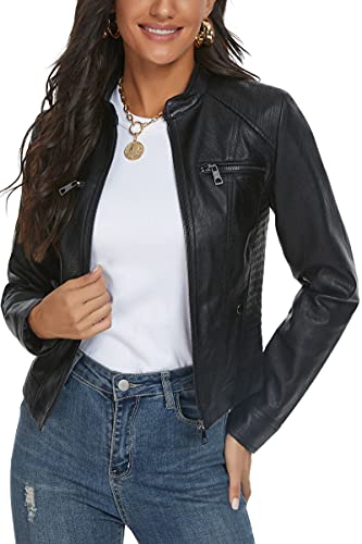 Fahsyee Women's Faux Leather Jackets, Zip Up Motorcycle Short PU Moto Biker Outwear Fitted Slim Coat - Medium - 301-black